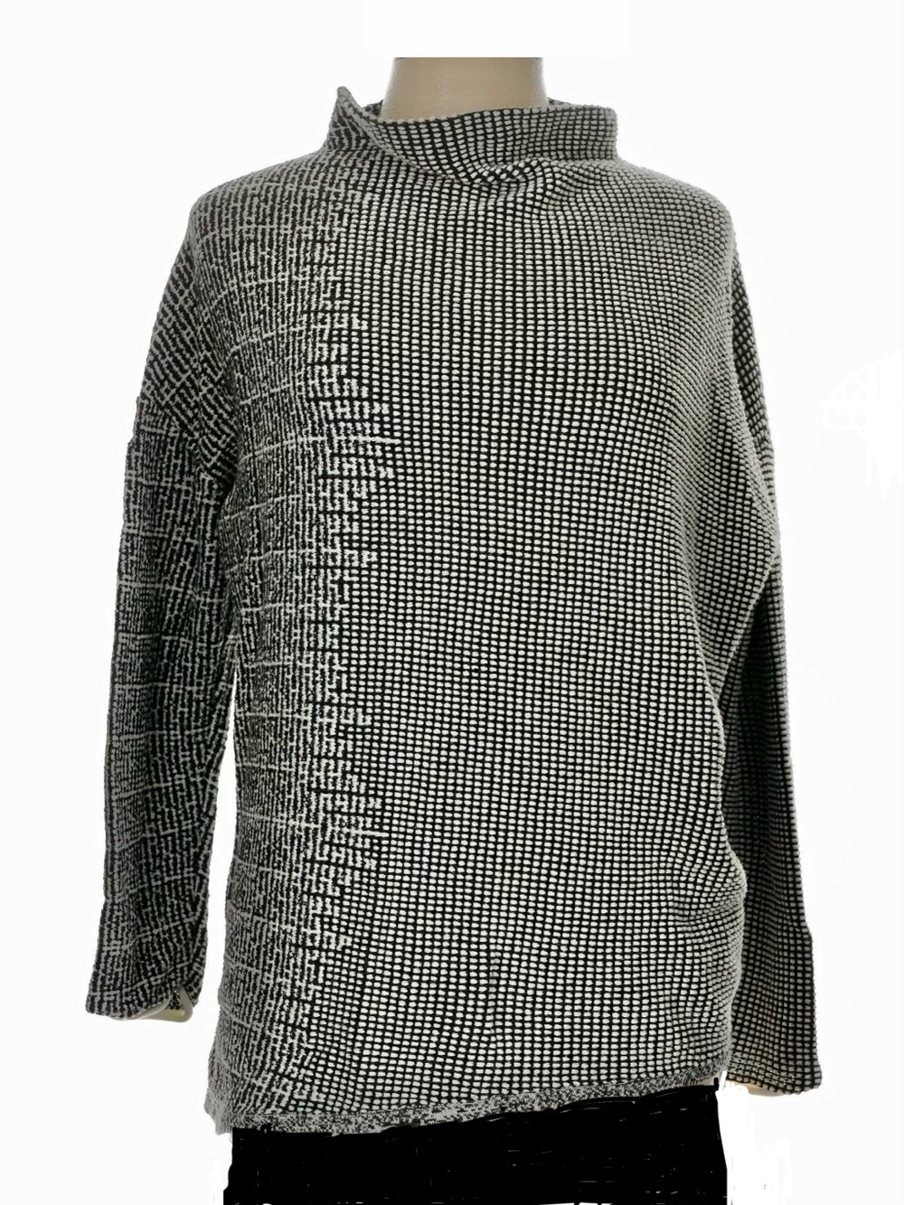 Nic+Zoe Black & White Textured Funnel Neck Sweater Mock Turtleneck Stand Up